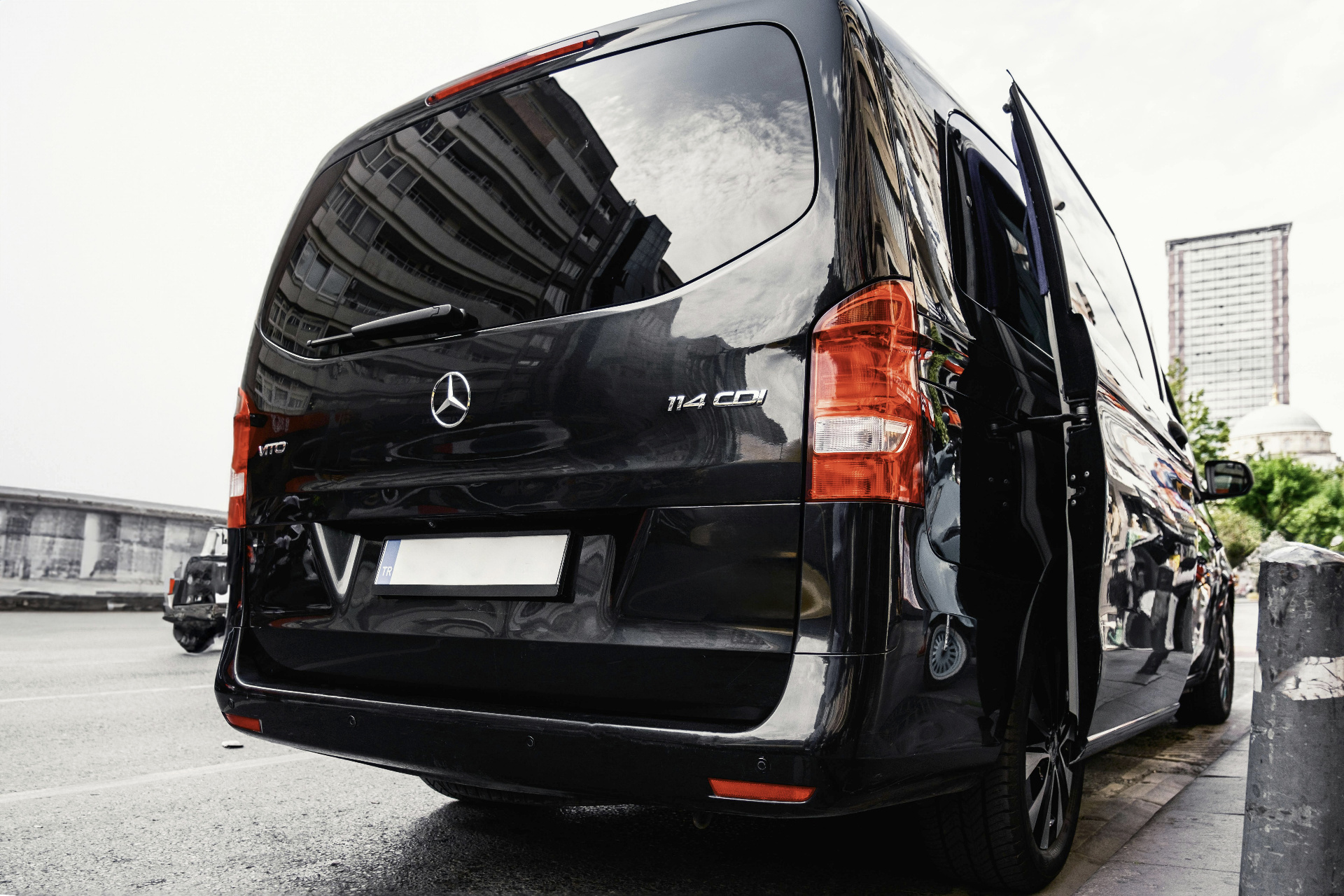 Rear view of Mercedes Vito transfer van